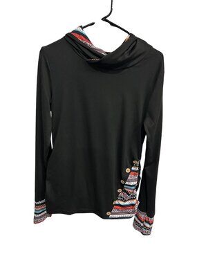 Womens Black Long Sleeve Hooded Top Colorful Pattern Button Size M Gorpcore Boho